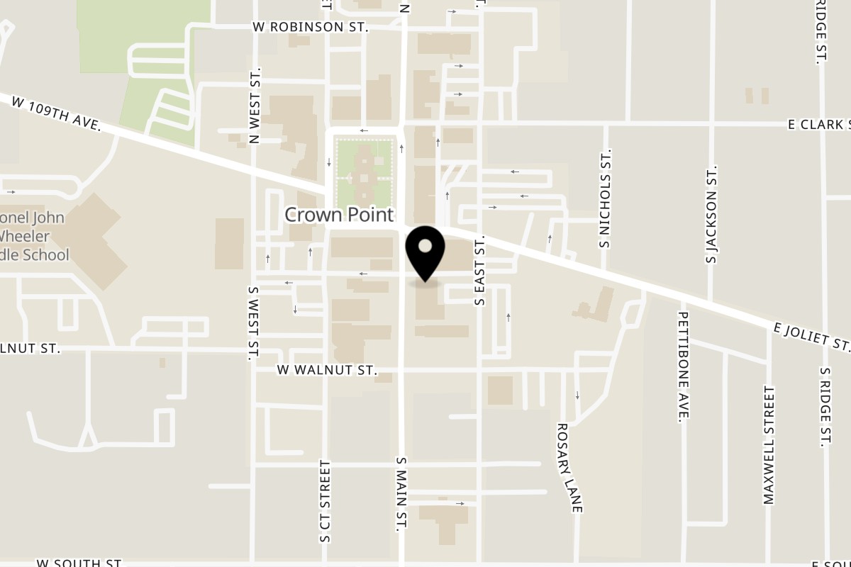 Map showing the location of Cheese Almighty Grilled Cheese Club/Public Bar & Rec on 210 S Main St in Crown Point